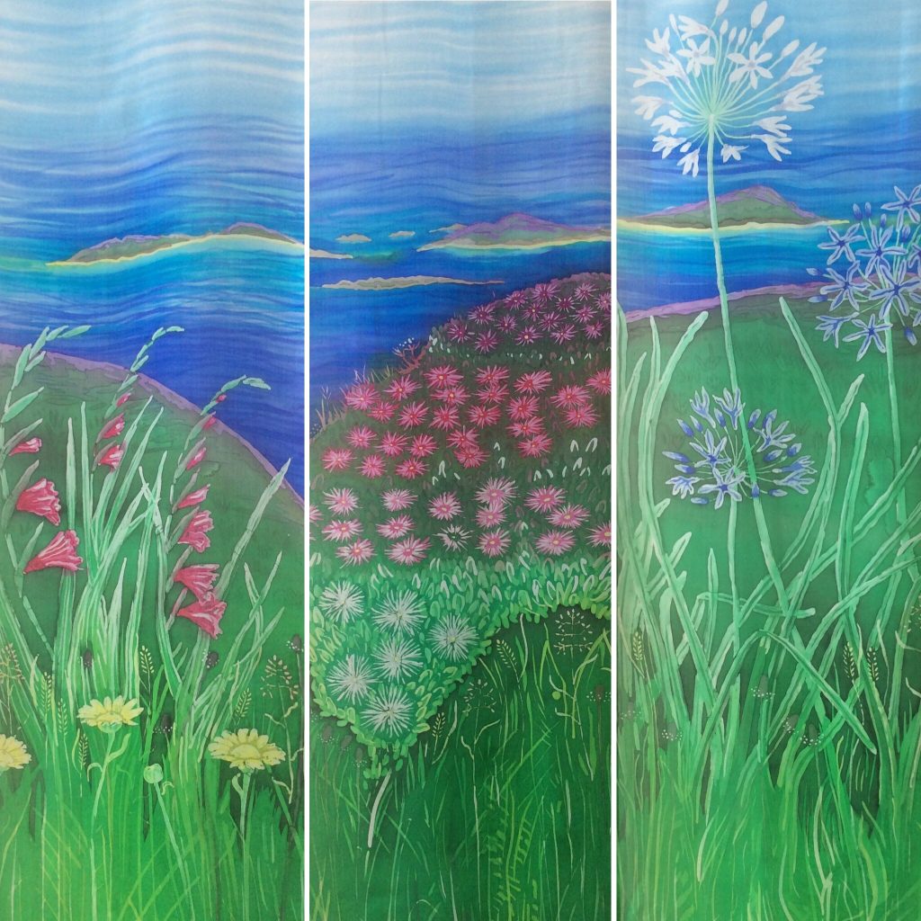 Three panels of Isles of Scilly flowers and views