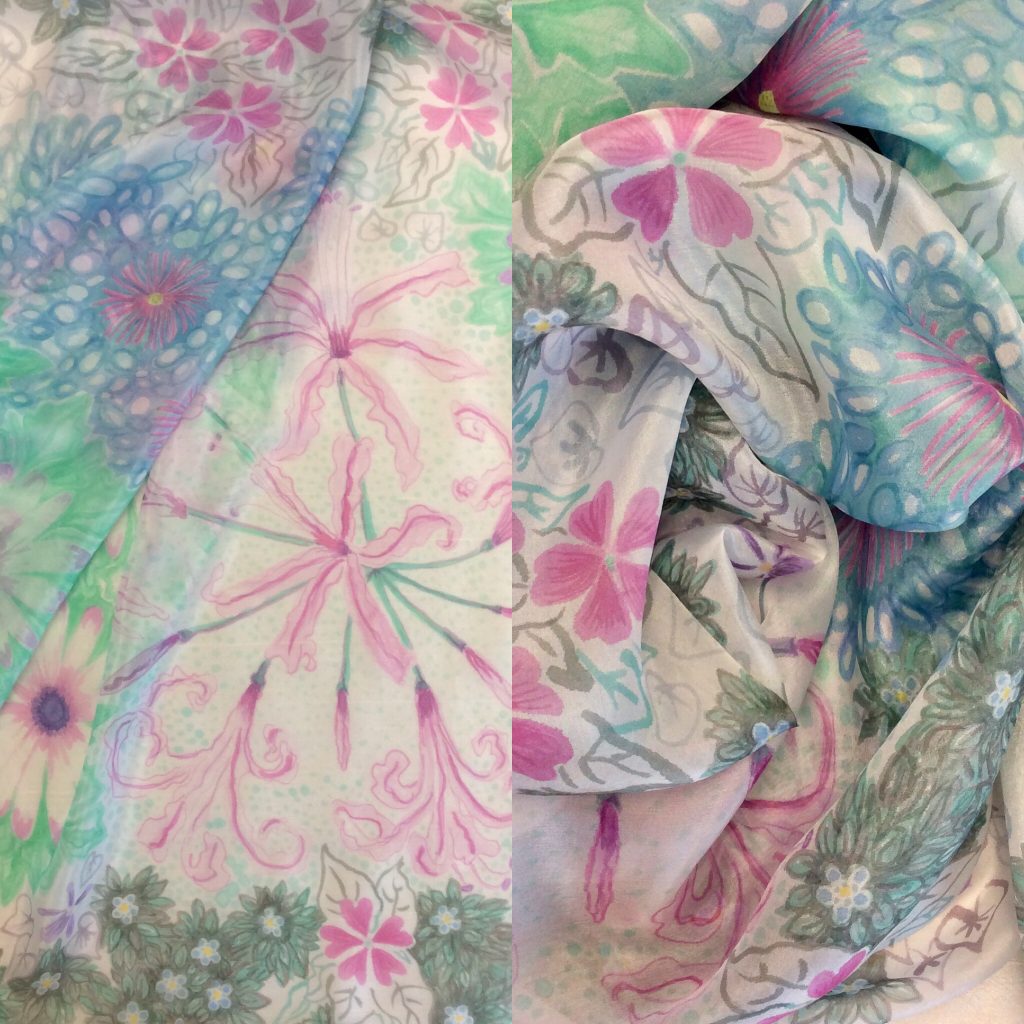 Silk scarf with a design of Isles of Scilly flowers