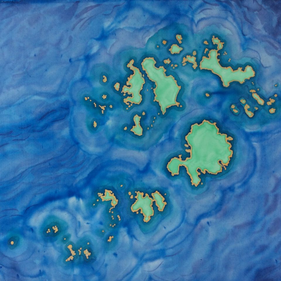 Silk painted map of the Isles of Scilly